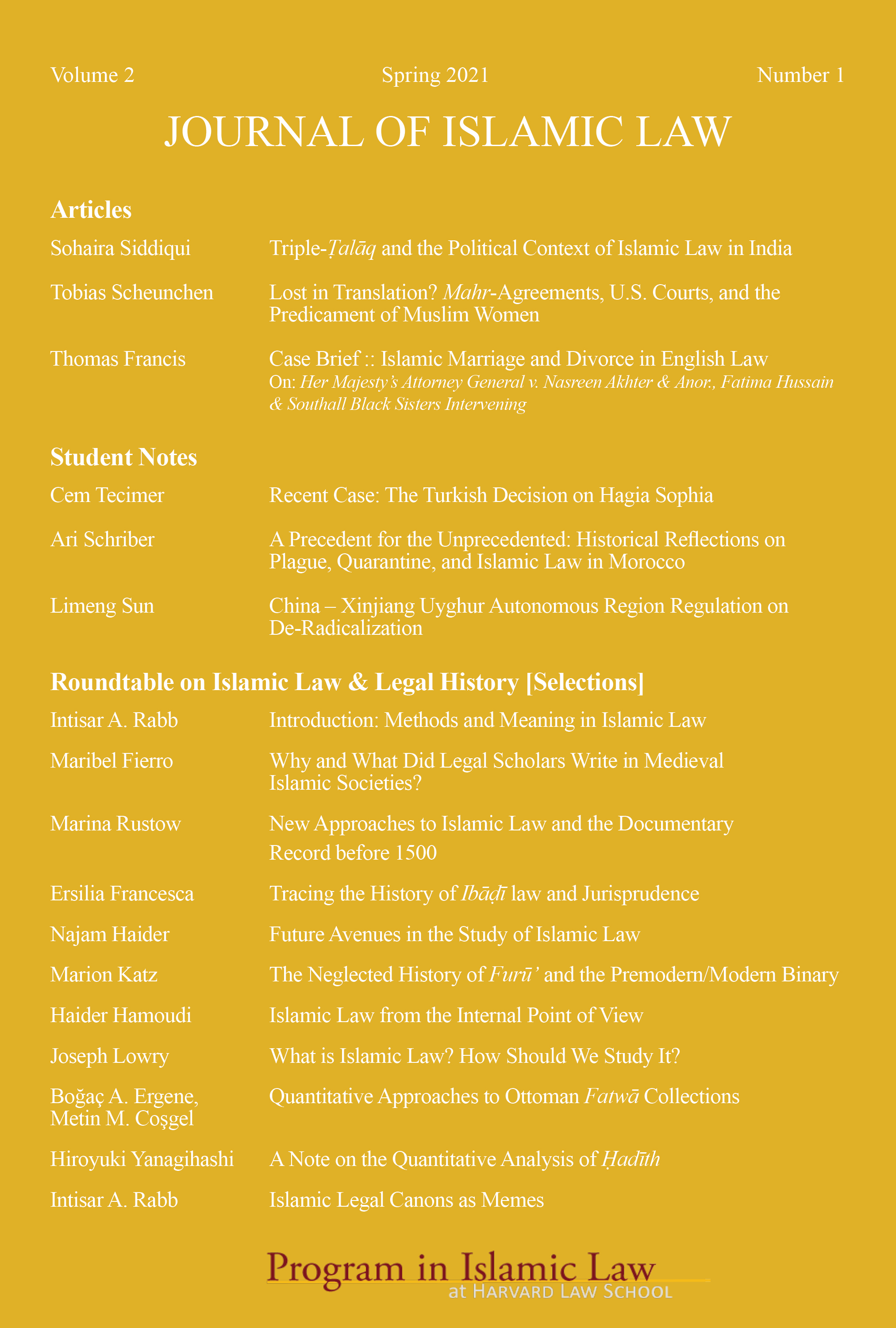 Journal of Islamic Law Volume 2, Number 1 (Spring 2021) Table of Contents